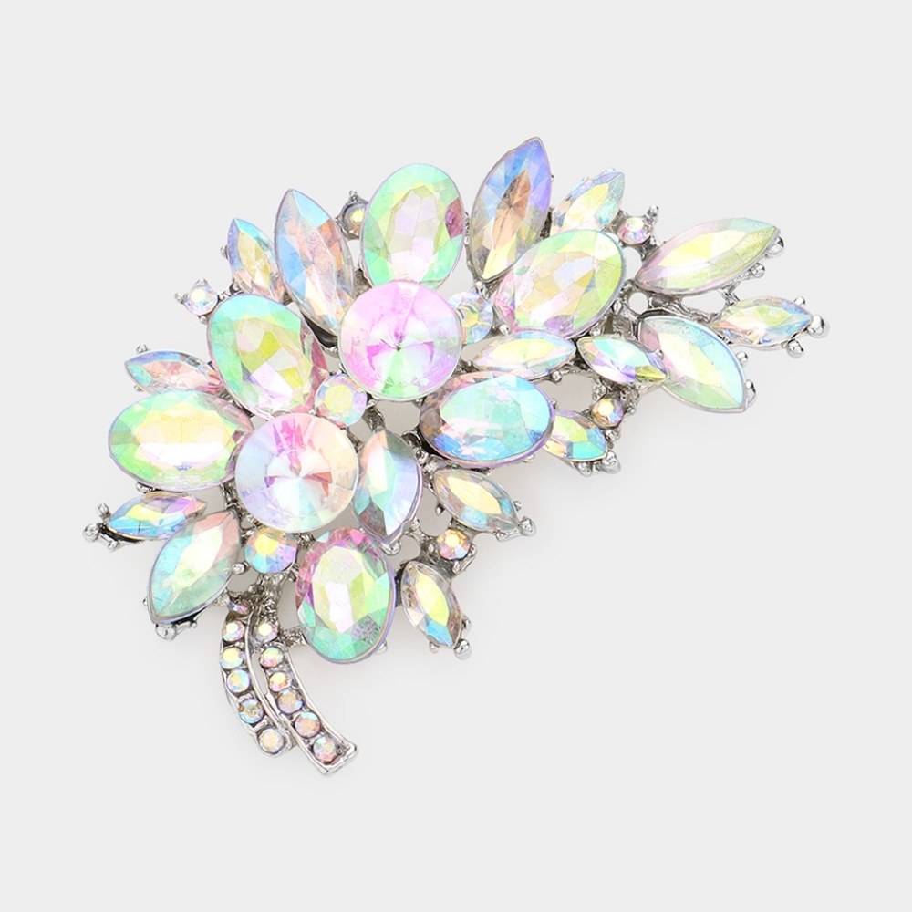 Silver Abalone Leaf 3" Brooch Glass Crystal Pin Floral Style